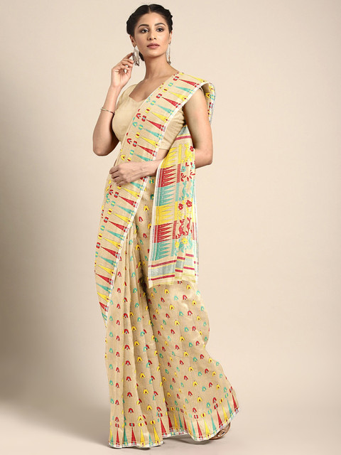

Mitera Beige & Red Hand Woven Design Jamdani Saree