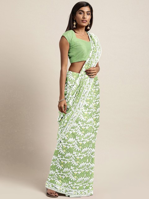 

Mitera Green & White Woven Design Handloom Dhakai Jamdani Saree