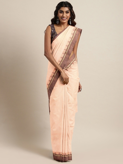 

Mitera Peach-Coloured Handwoven Self-Striped Taant Saree