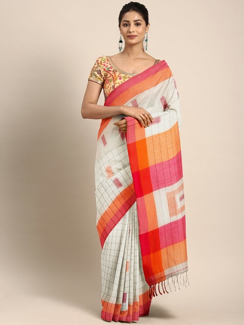 

Mitera Off-White & Pink Handloom Woven Design Saree with Checked Detail