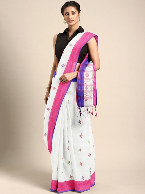 

Mitera Off-White & Pink Linen Handwoven Bengal Saree
