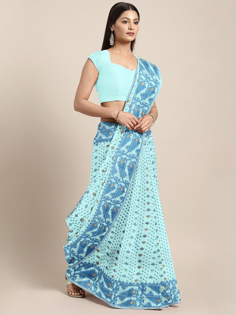 

Mitera Women Blue & Golden Woven Design Handloom Jamdani Saree