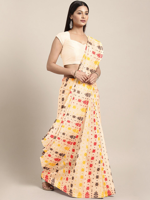 

Mitera Beige & Red Handwoven Jamdani Saree