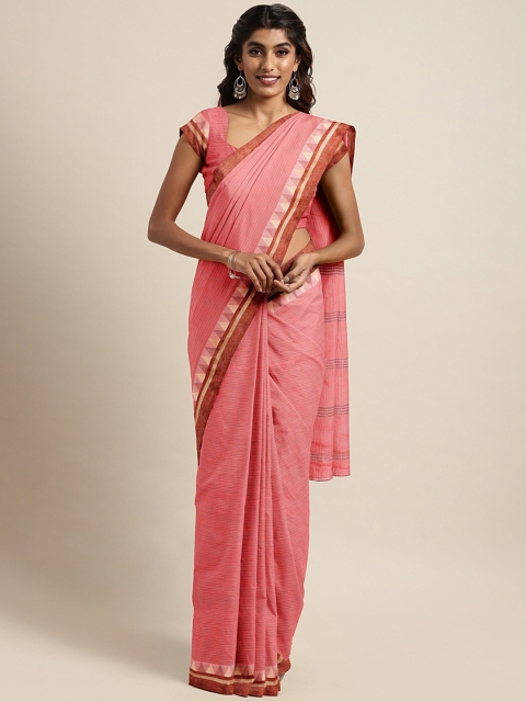 

Mitera Pink Pure Cotton Striped Hand Woven Taant Saree