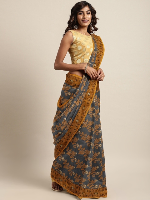 

Mitera Grey & Mustard Yellow Woven Design Jamdani Saree