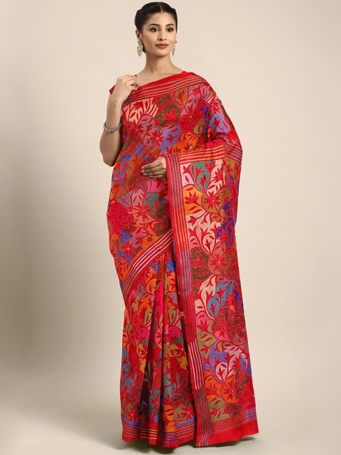 

Mitera Red & Blue Pure Silk Hand Made Kantha Stitch Saree
