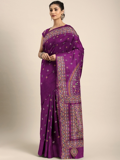 

Mitera Purple & Yellow Handloom Pure Silk Kandtha Embroidered Saree