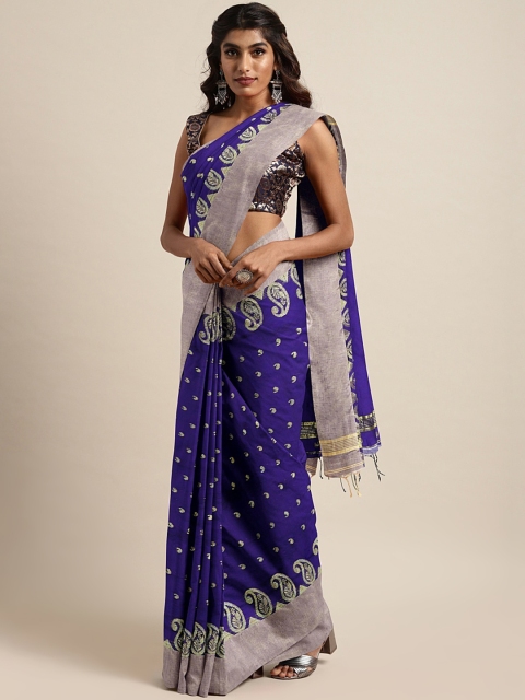 

Mitera Blue & Gold-Toned Handloom Woven Design Saree