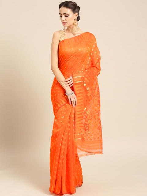 

Mitera Orange & Golden Woven Design Handloom Jamdani Saree