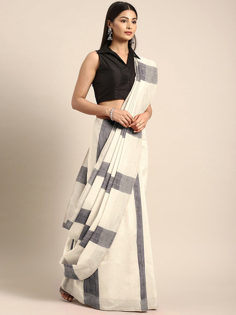 

Mitera Off-White & Charcoal Grey Handloom Striped Saree