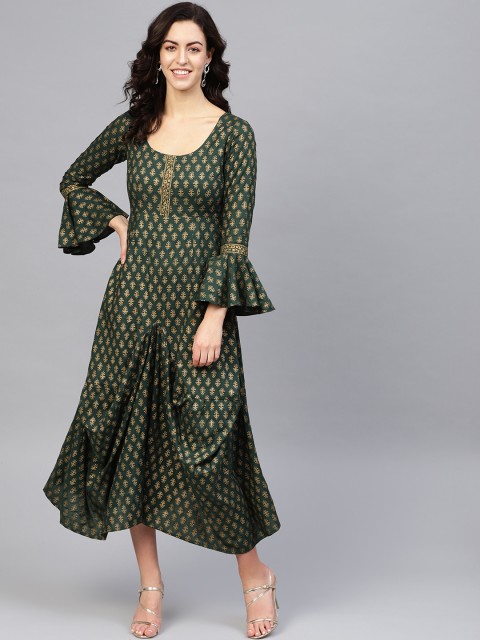 

MABISH by Sonal Jain Women Green & Golden Draped Hem Printed Maxi Dress