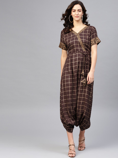 

MABISH by Sonal Jain Women Coffee Brown & Golden Drop Crotch Checked Basic Jumpsuit