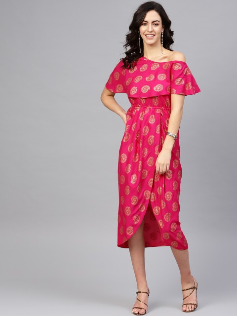 

MABISH by Sonal Jain Women Pink & Golden One Shoulder Printed Wrap Dress