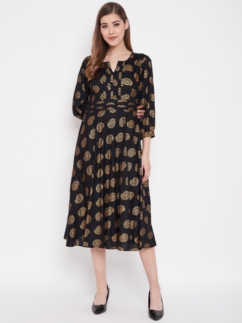 

MABISH by Sonal Jain Women Black & Golden Hand-Block Printed A-Line Dress