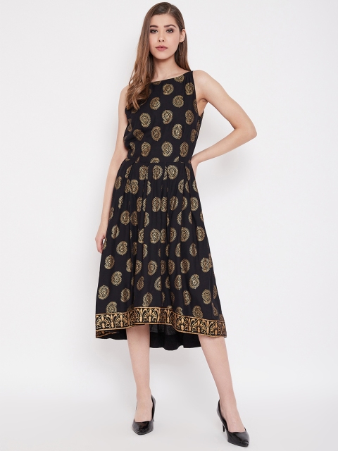 

MABISH by Sonal Jain Women Black & Golden Hand-Block Printed A-Line Dress