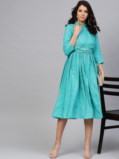 

MABISH by Sonal Jain Women Blue & Golden Floral Printed A-Line Dress