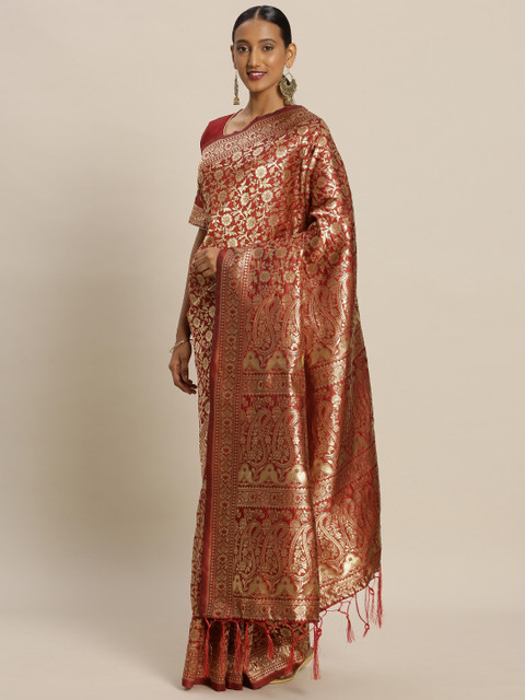 

Mitera Red & Gold-Toned Art Silk Woven Design Banarasi Saree