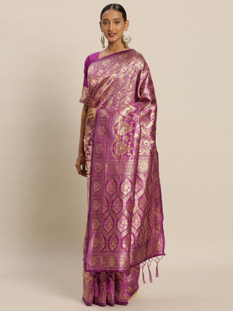 

Mitera Pink & Gold-Toned Art Silk Woven Design Banarasi Saree