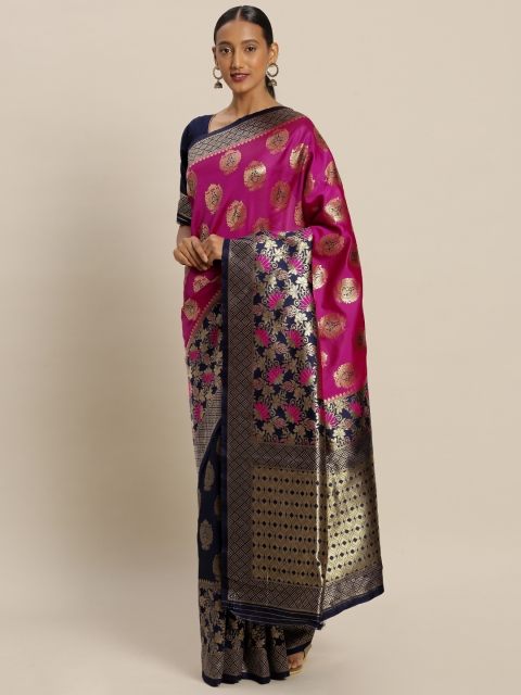 

Mitera Navy Blue & Pink Art Silk Woven Design Banarasi Saree