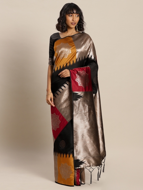 

Mitera Black & Yellow Art Silk Colourblocked Banarasi Saree