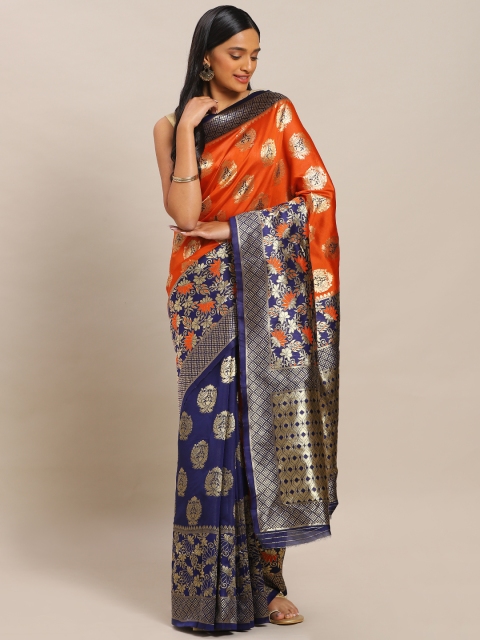 

Mitera Navy Blue & Orange Art Silk Woven Design Banarasi Saree