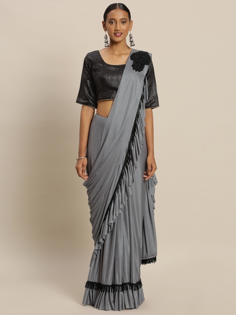 

Mitera Grey & Black Poly Georgette Ruffle Solid Saree