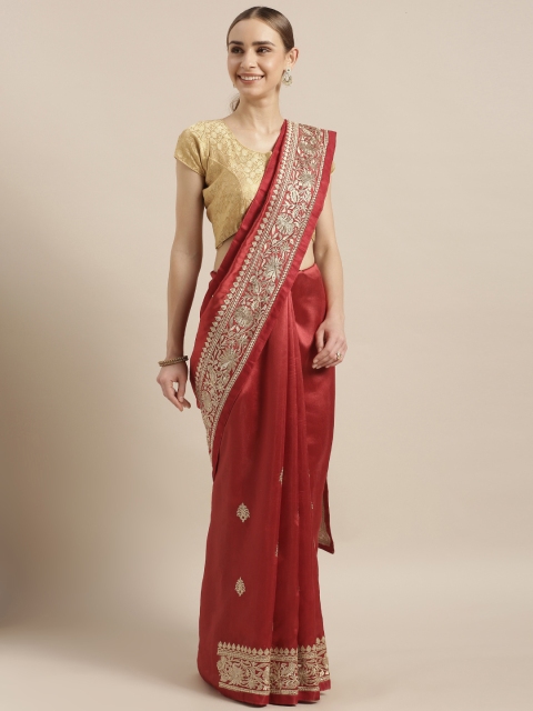 

Mitera Red & Gold-Toned Art Silk Embroidered Kanjeevaram Saree