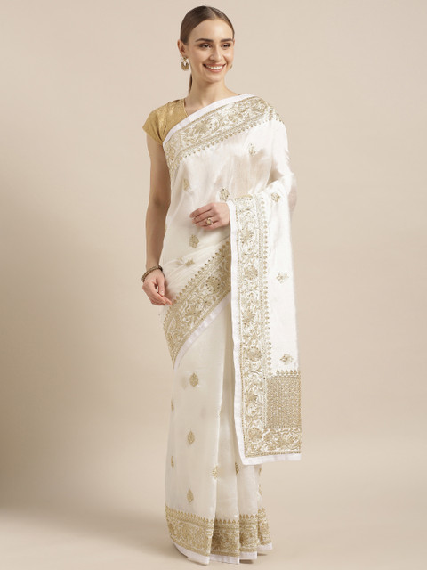 

Mitera Off-White & Gold-Toned Art Silk Embroidered Kanjeevaram Saree