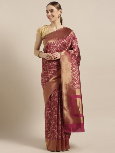

Mitera Pink & Gold-Toned Silk Blend Embellished Kanjeevaram Saree
