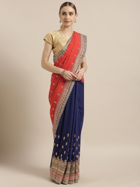 

Mitera Red & Navy Blue Poly Georgette Embellished Half And Half Saree
