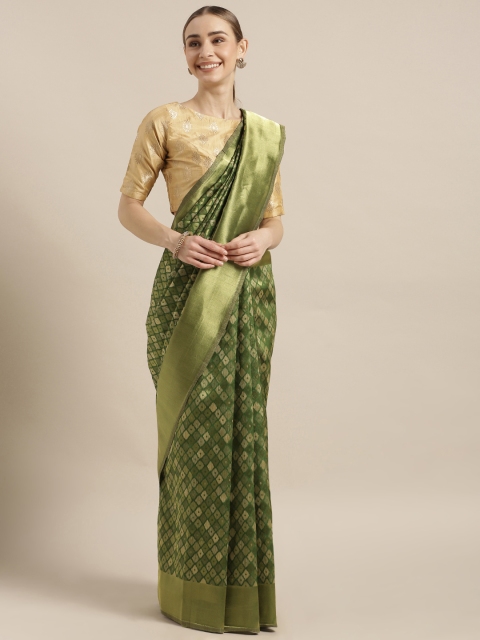 

Mitera Green Silk Blend Woven Design Kanjeevaram Saree