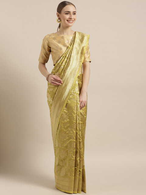 

Mitera Green & Gold-Toned Silk Blend Woven Design Banarasi Saree