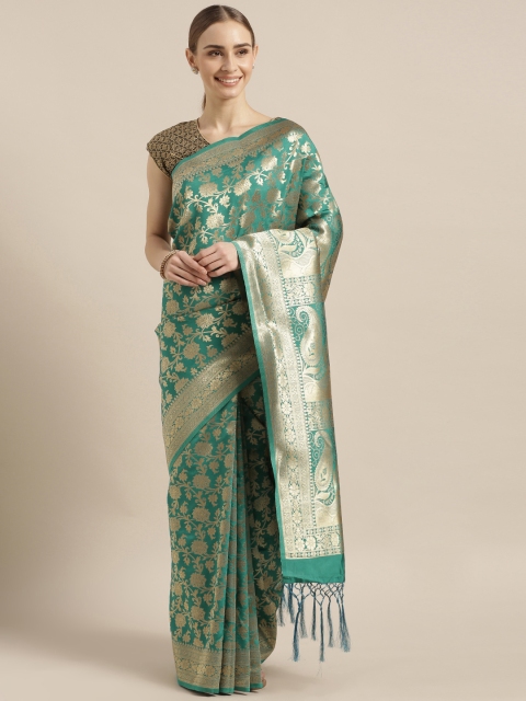 

Mitera Teal Green & Gold-Toned Silk Blend Woven Design Banarasi Saree