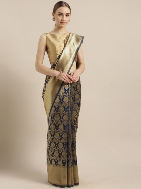 

Mitera Navy Blue & Gold-Toned Silk Blend Woven Design Banarasi Saree