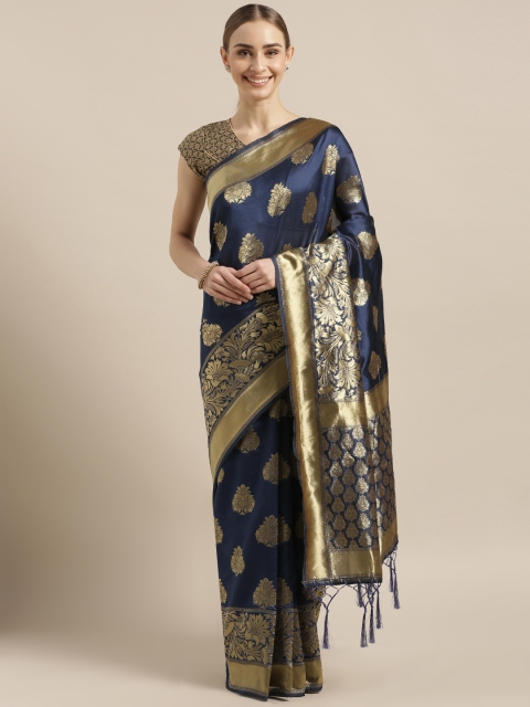 

Mitera Navy Blue & Gold-Toned Silk Blend Woven Design Banarasi Saree