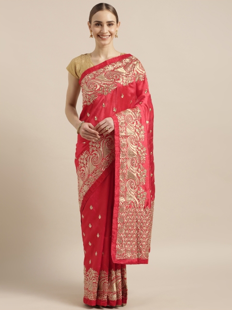 

Mitera Red & Gold-Toned Art Silk Embellished Kanjeevaram Saree