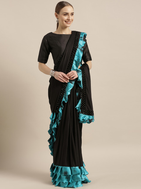 

Mitera Black Solid Poly Crepe Saree