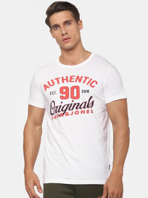 

Jack Jones Men White Printed Round Neck Pure Cotton T-shirt