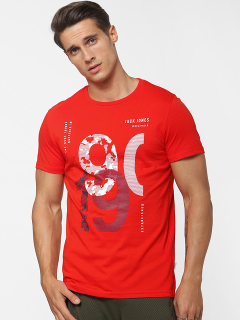 

Jack Jones Men Red Printed Round Neck Pure Cotton T-shirt