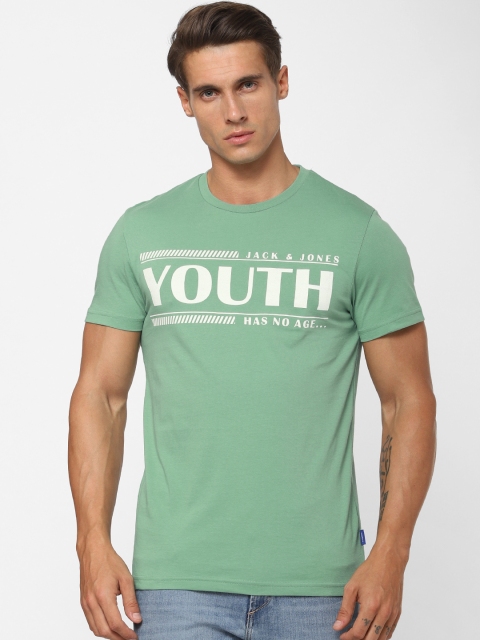 

Jack Jones Men Sea Green Printed Round Neck Pure Cotton T-shirt