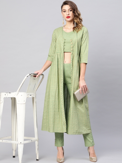 

AKS Women Green & Golden Checked Crop Top with Trousers & Ethnic Jacket