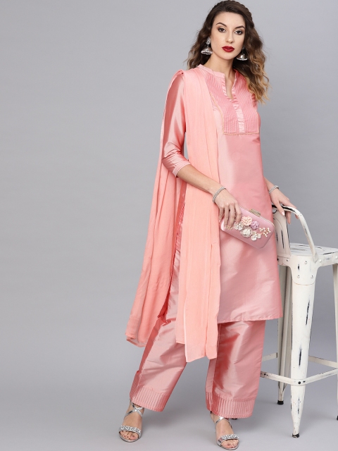 

AKS Women Pink Solid Kurta with Palazzos & Dupatta