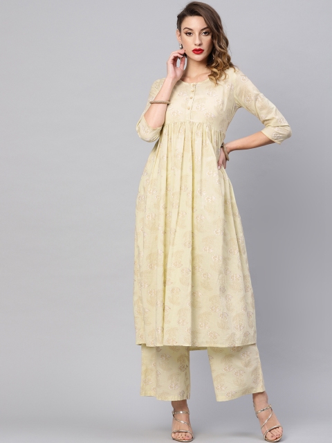 

AKS Women Cream-Coloured & Golden Printed Kurta with Palazzos
