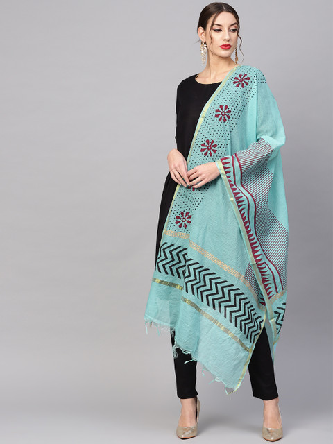

AKS Blue & Red Block Printed Dupatta