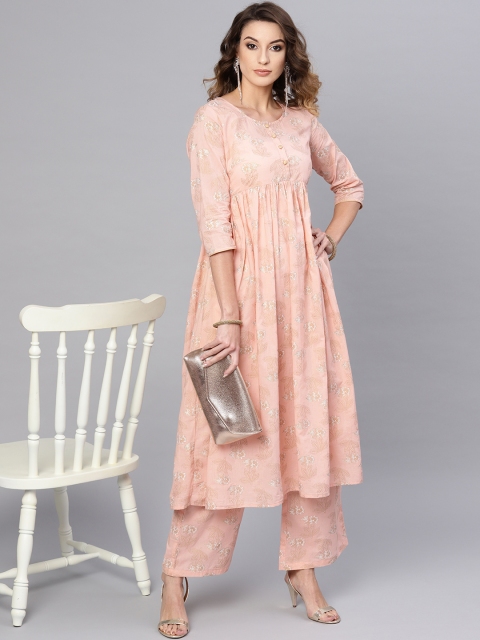 

AKS Women Peach-Coloured & Golden Printed Kurta with Palazzos
