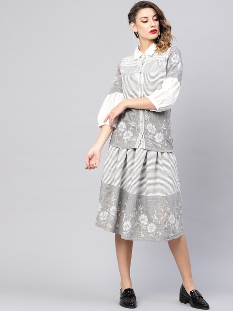 

AKS Women Grey & White Striped Shirt with Skirt
