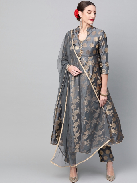 

AKS Women Charcoal Grey & Golden Woven Design Kurta with Trousers & Dupatta