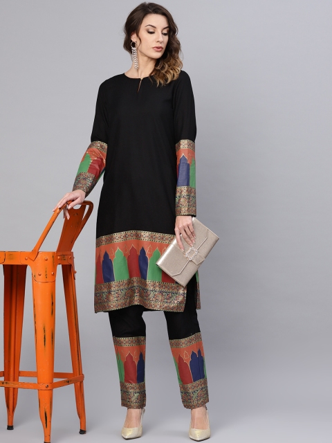 

AKS Women Black & Rust Orange Solid Kurta with Trousers