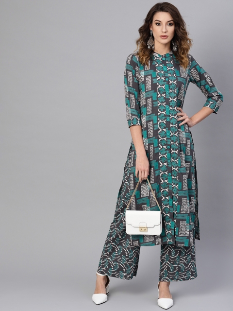 

AKS Women Green & Grey Printed Kurta with Palazzos