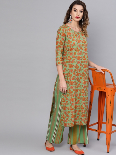 

AKS Women Green & Orange Printed Kurta with Palazzos